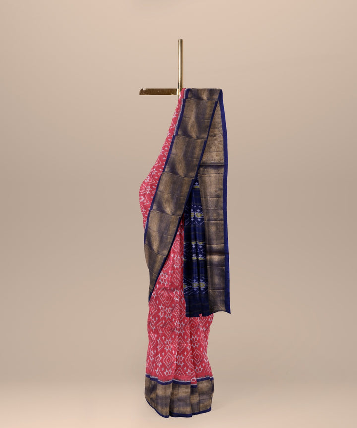 Watermelon pink navy blue handwoven pochampally ikat silk saree