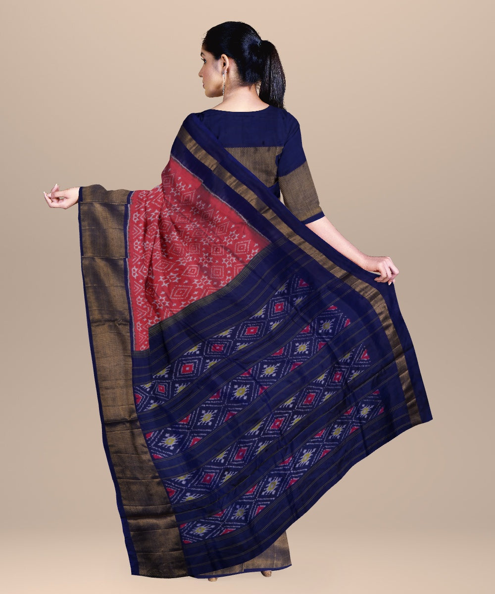 Watermelon pink navy blue handwoven pochampally ikat silk saree