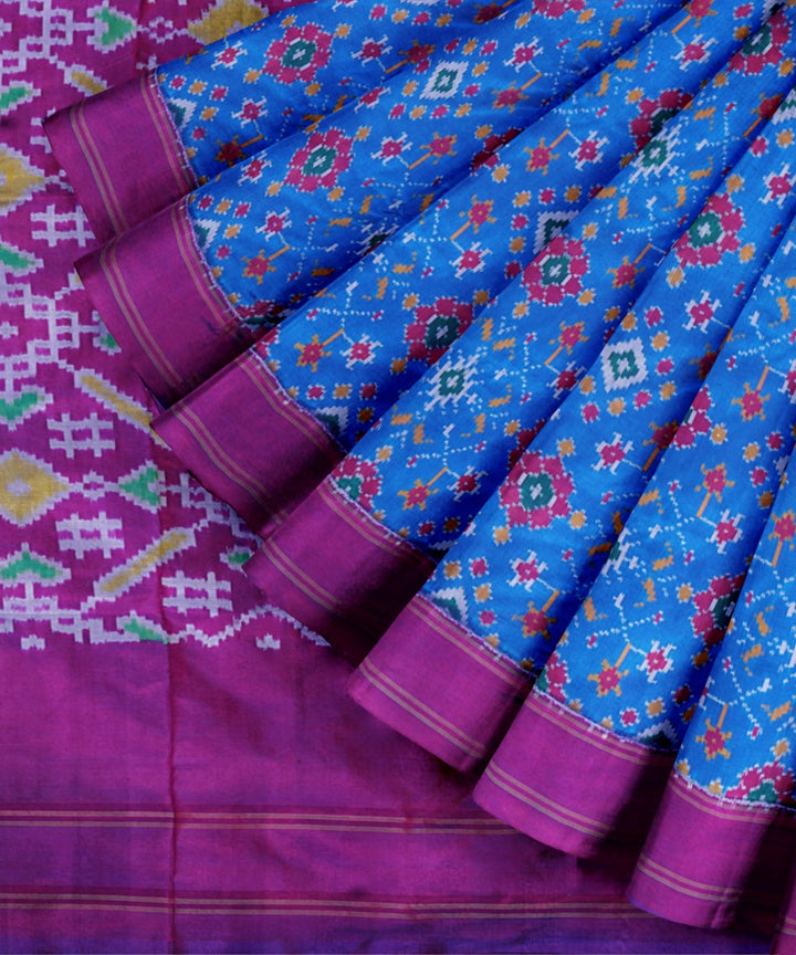 Bright blue bright purple handwoven pochampally ikat silk saree