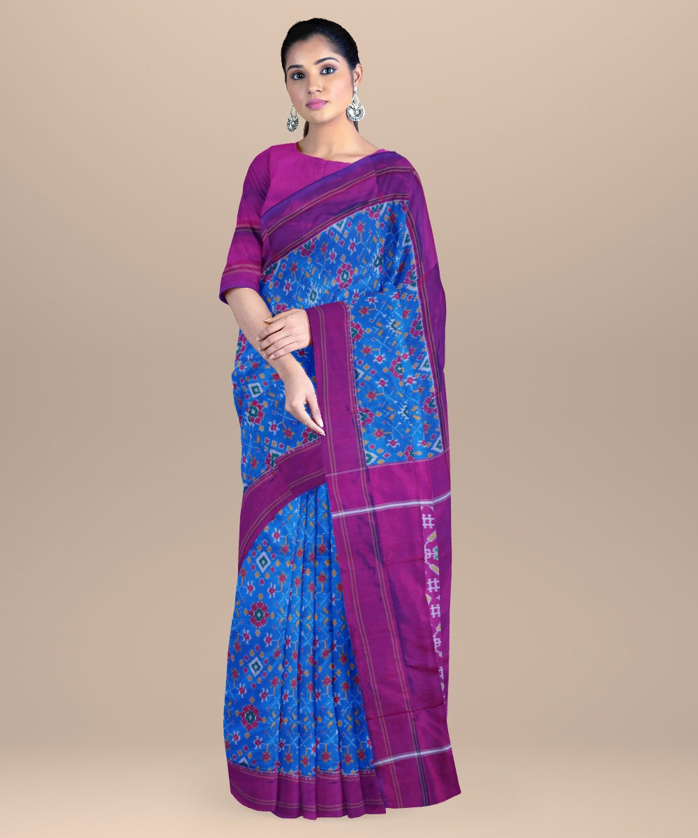 Bright blue bright purple handwoven pochampally ikat silk saree