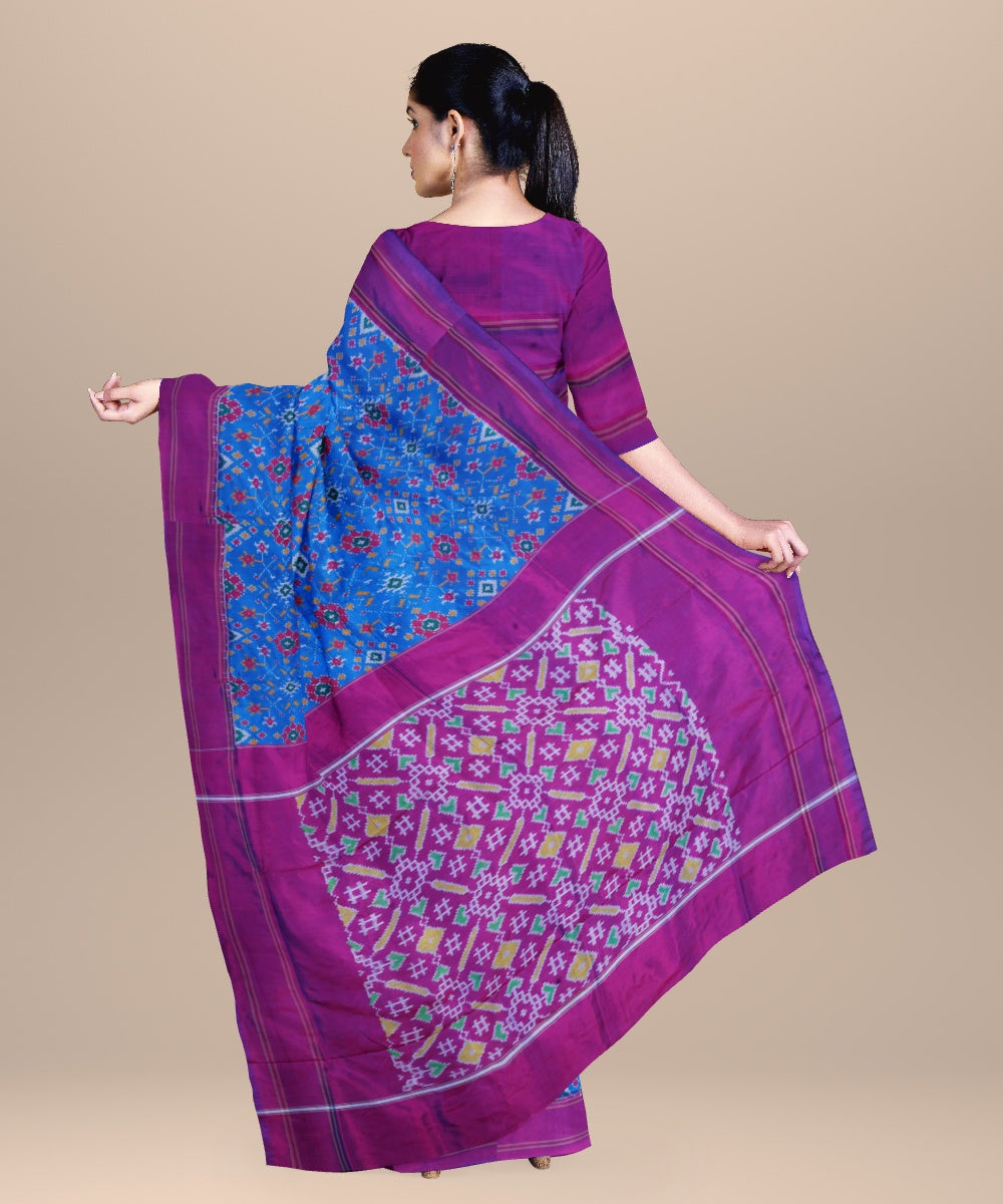 Bright blue bright purple handwoven pochampally ikat silk saree