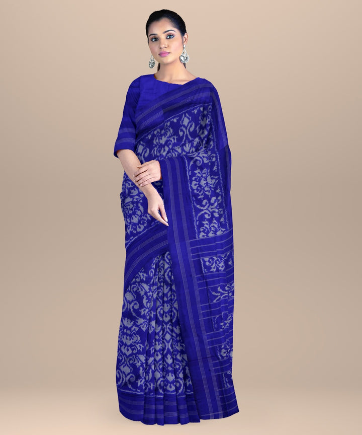 Dark blue offwhite handwoven pochampally ikat silk saree