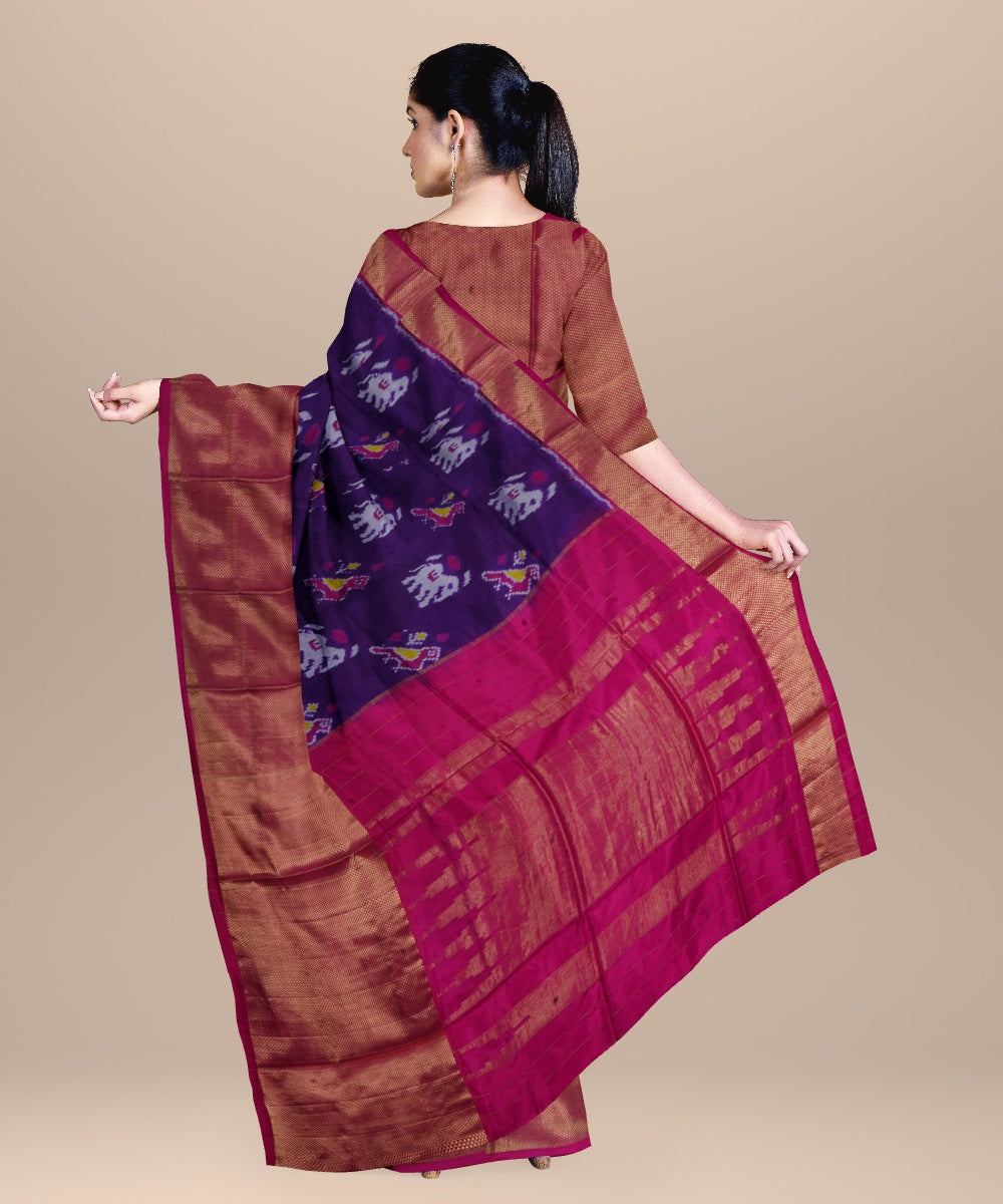 Midnight blue pink handwoven pochampally ikat silk saree