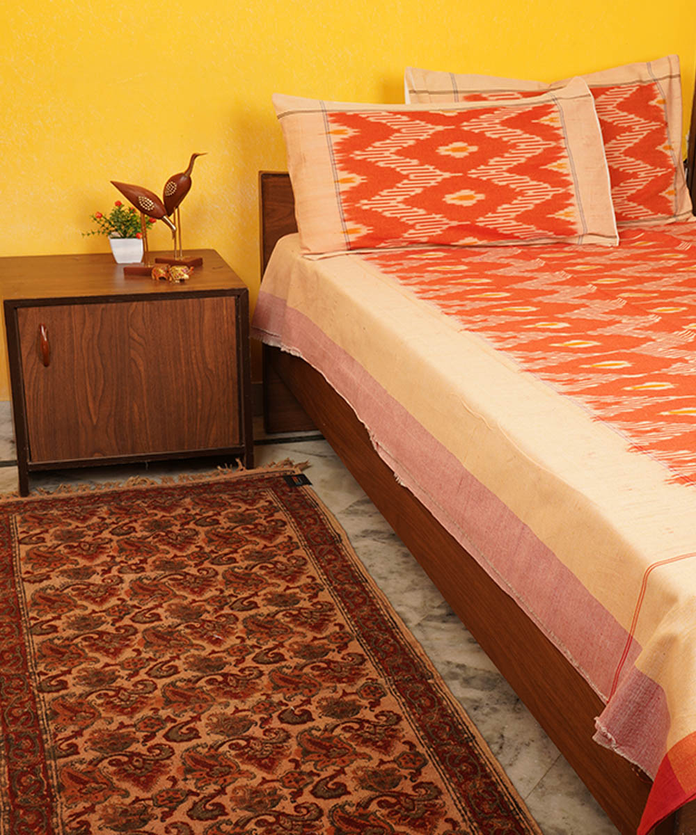 Orange handloom pochampally cotton ikat bedsheet