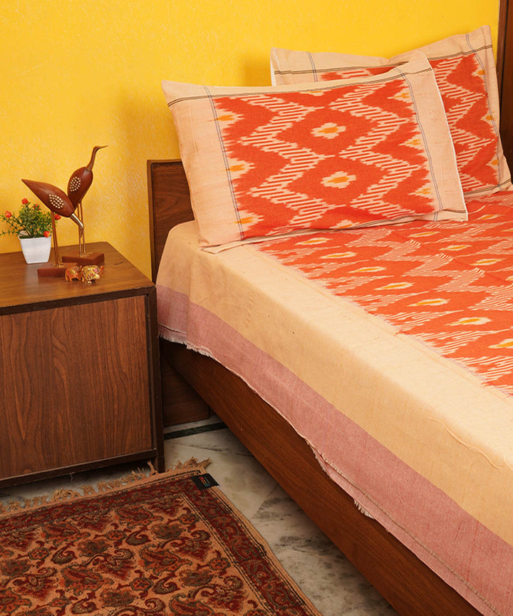 Orange handloom pochampally cotton ikat bedsheet