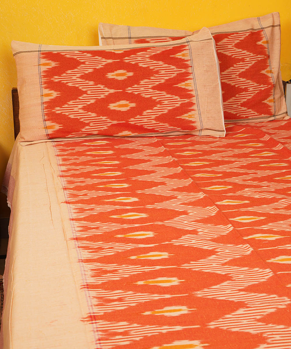 Orange handloom pochampally cotton ikat bedsheet