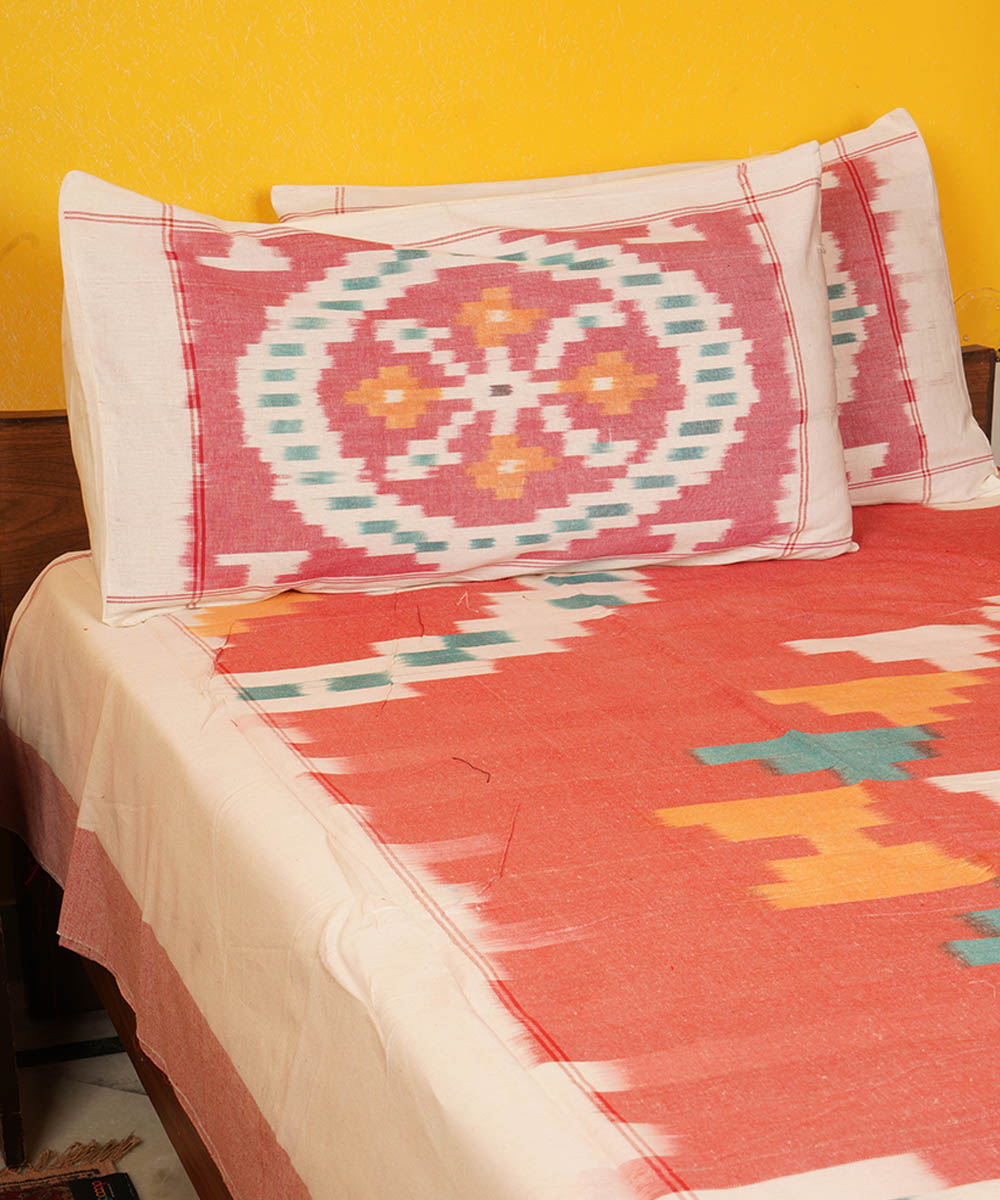 Pink handwoven pochampally ikat cotton double bedsheet