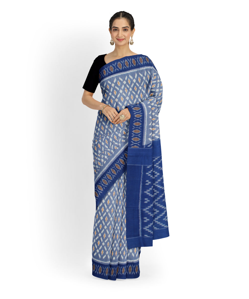 Powder blue navy blue cotton handloom pochampally ikat saree