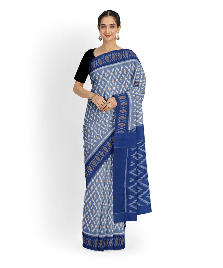 Powder blue navy blue cotton handloom pochampally ikat saree