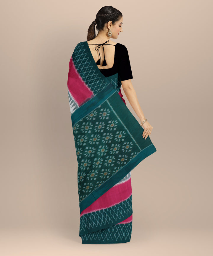 White pink dark green cotton handloom pochampally ikat saree