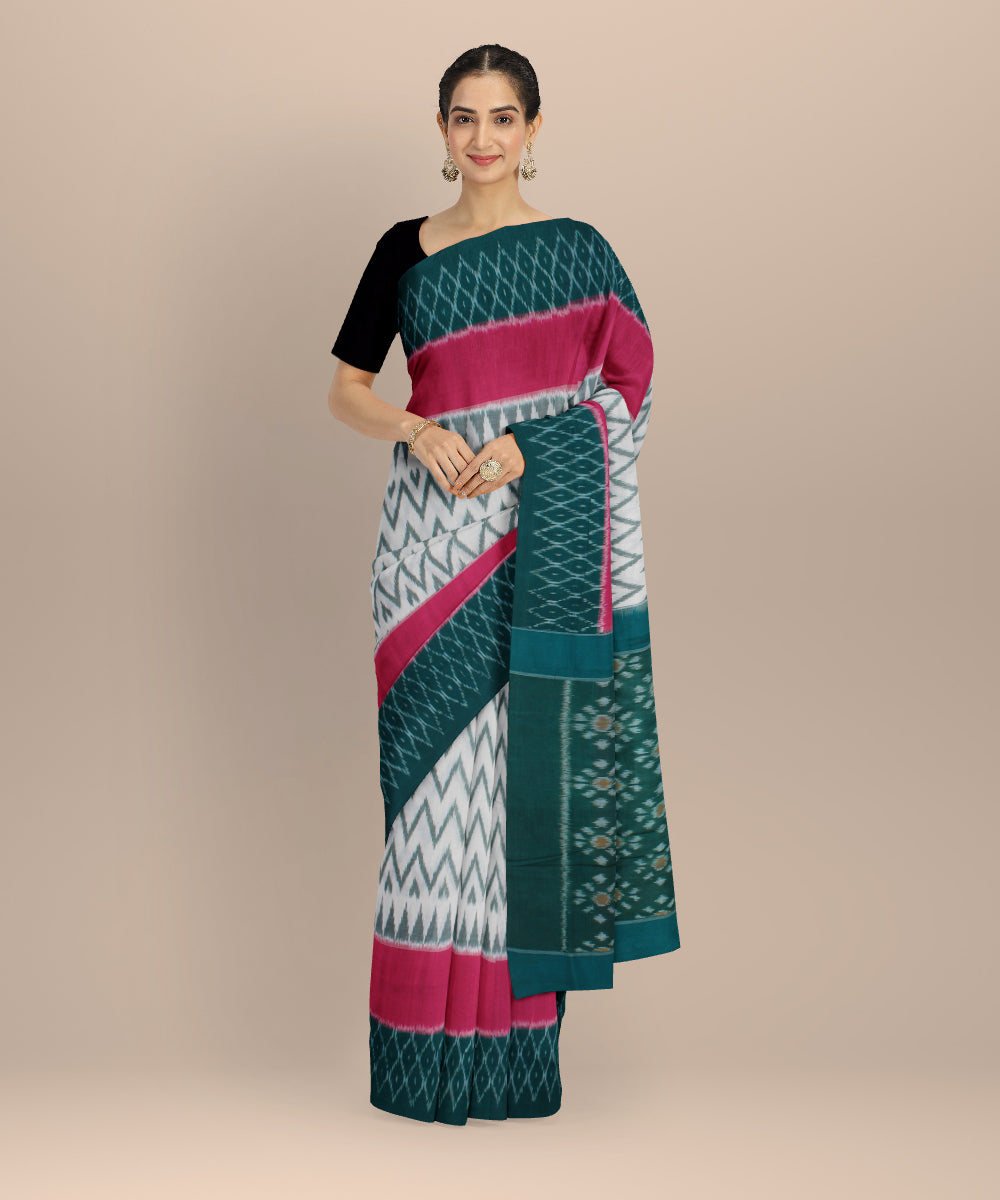 White pink dark green cotton handloom pochampally ikat saree