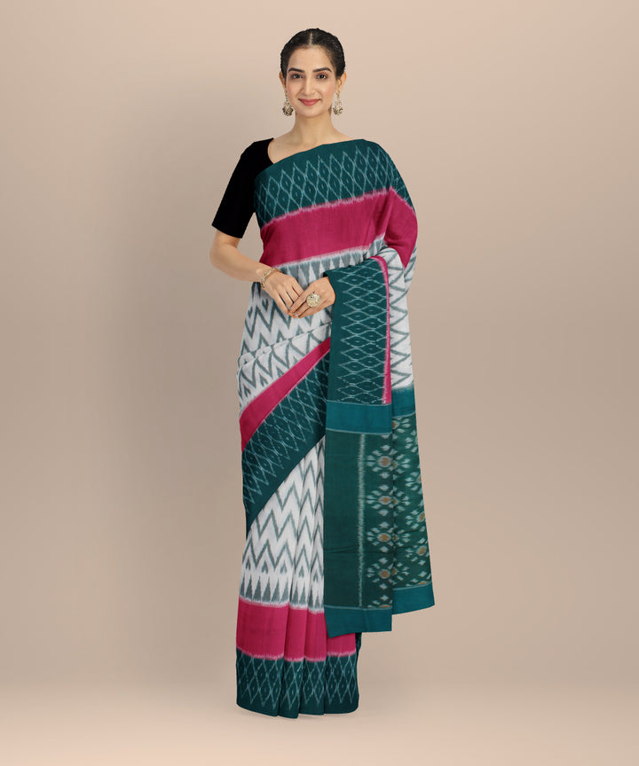 White pink dark green cotton handloom pochampally ikat saree