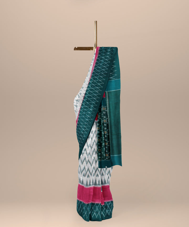 White pink dark green cotton handloom pochampally ikat saree