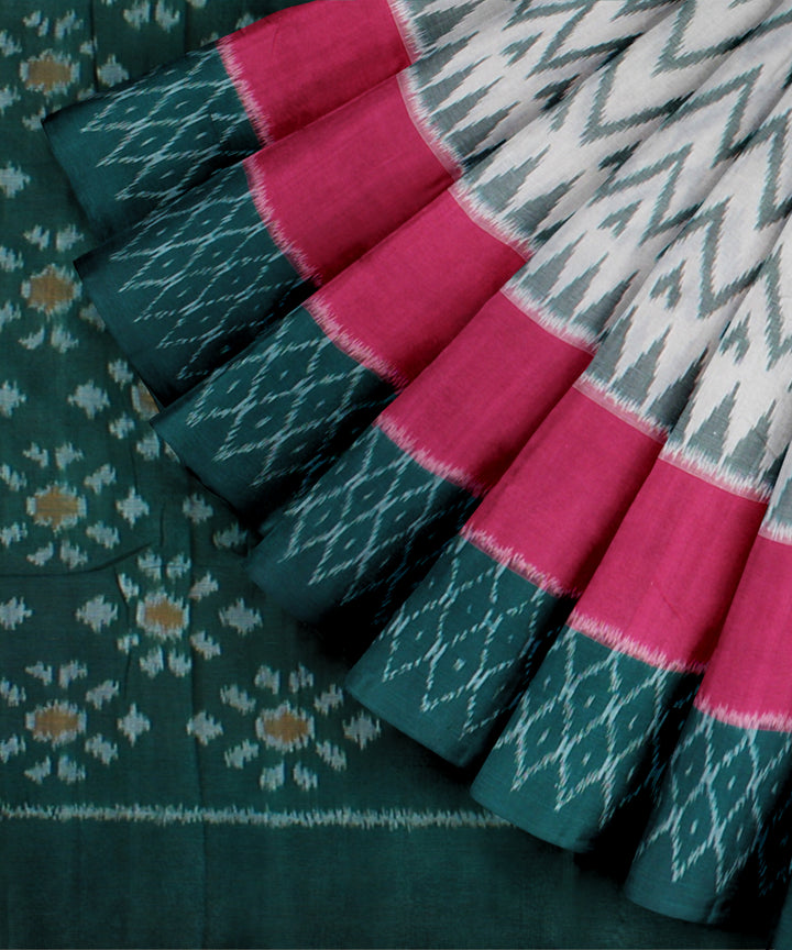 White pink dark green cotton handloom pochampally ikat saree