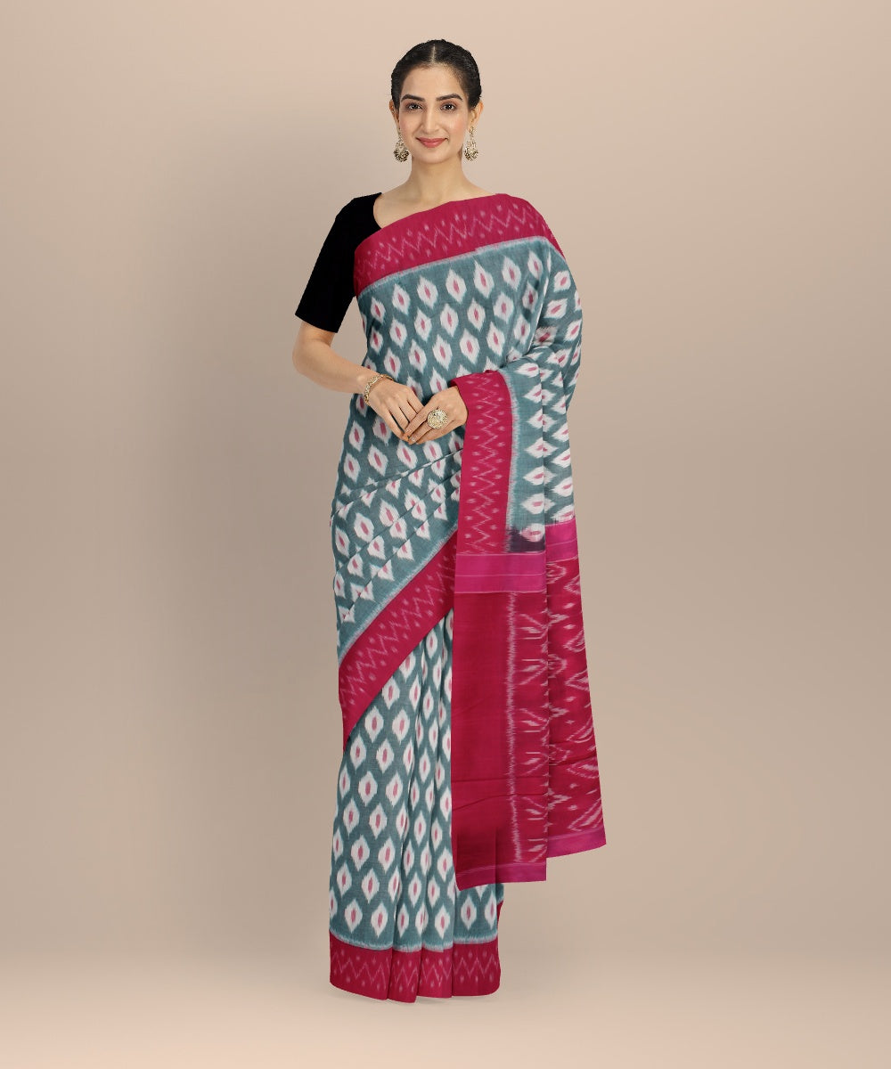 Cyan green pink cotton handloom pochampally ikat saree
