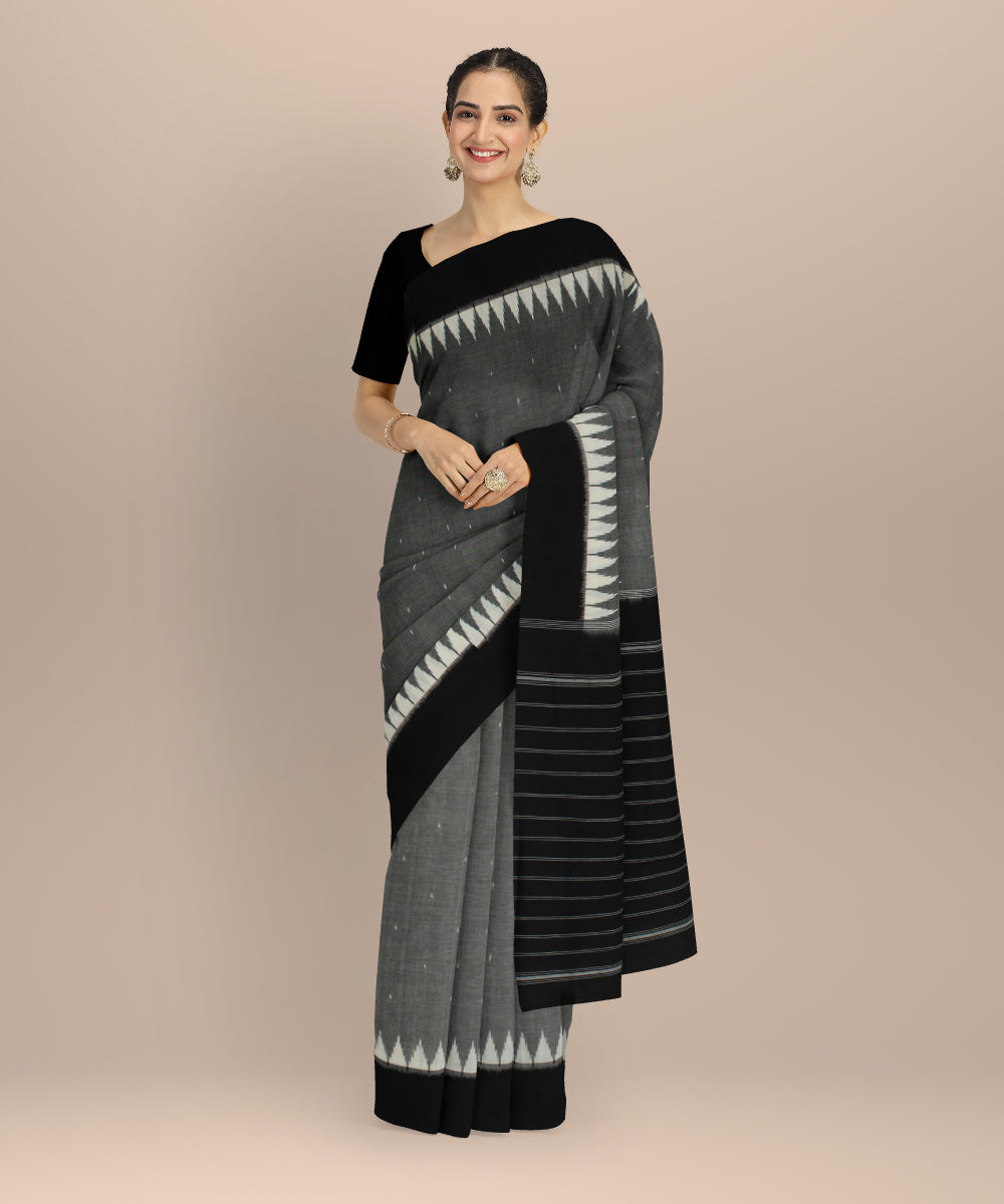Grey black handloom cotton pochampally ikat saree