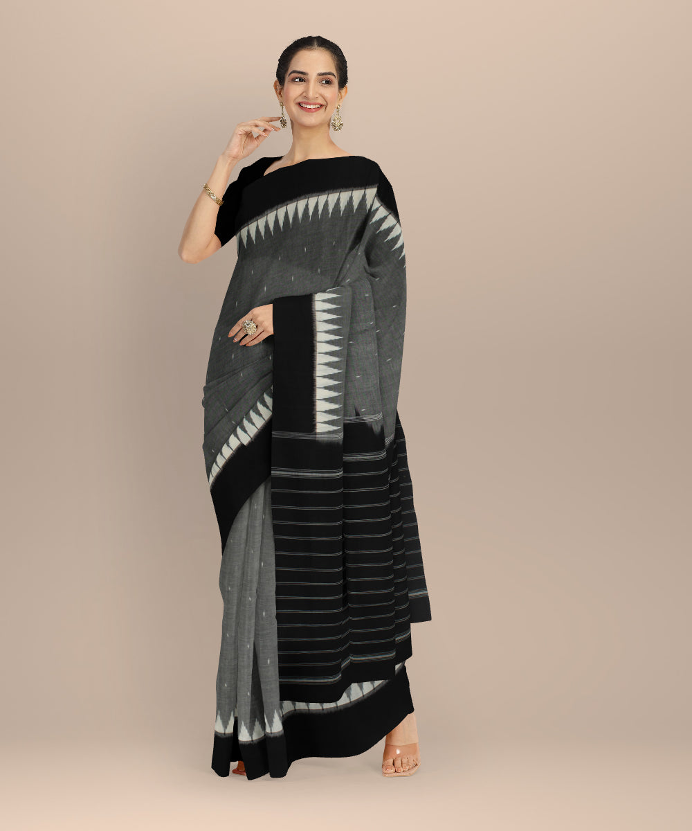 Grey black handloom cotton pochampally ikat saree