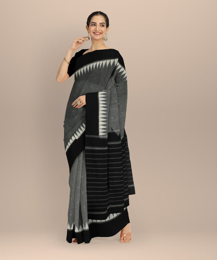 Grey black handloom cotton pochampally ikat saree