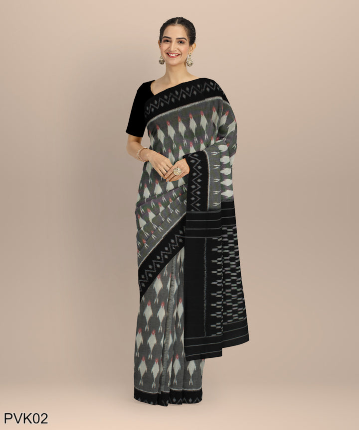 Grey black handwoven pochampally ikat cotton saree