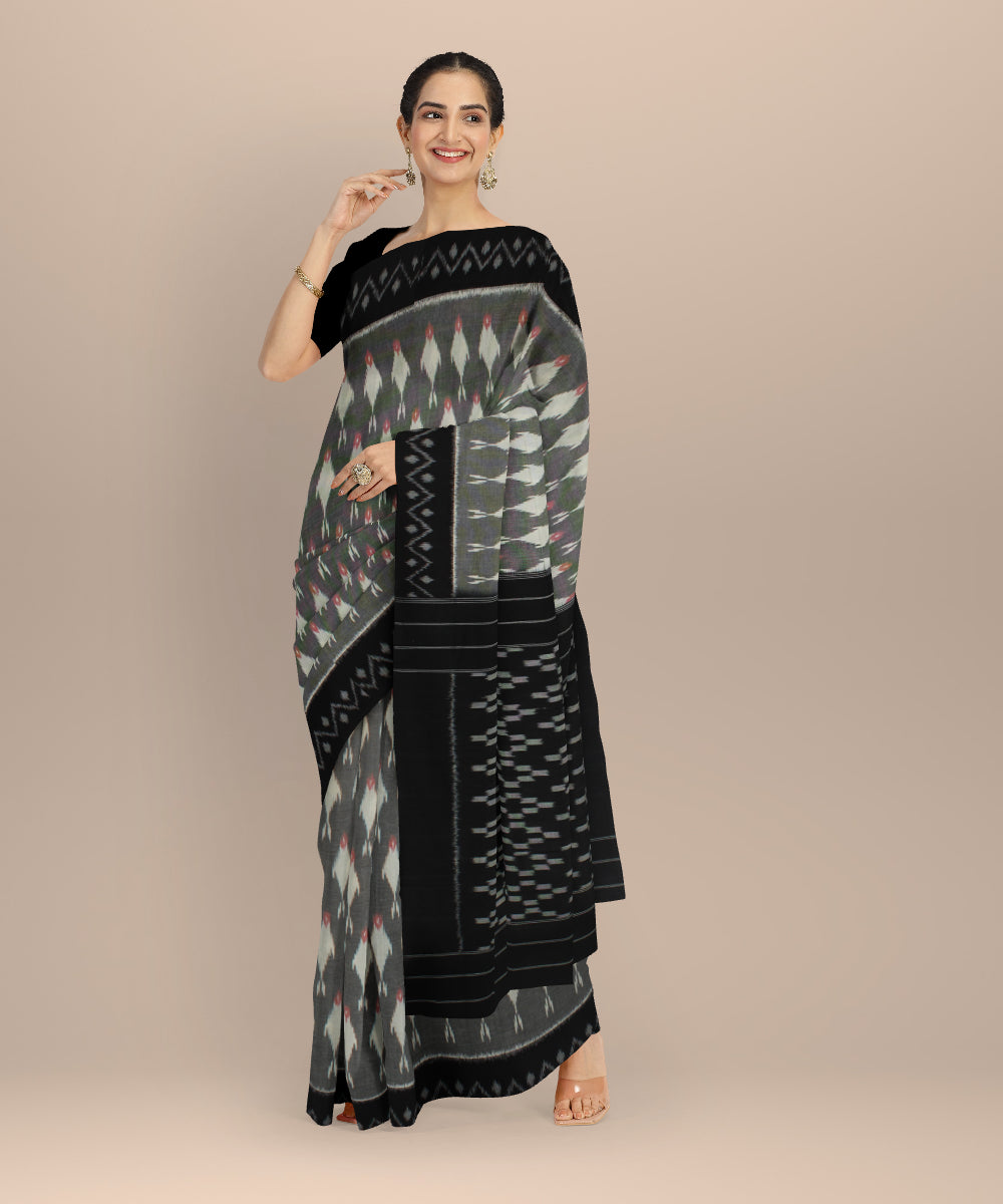 Grey black handwoven pochampally ikat cotton saree