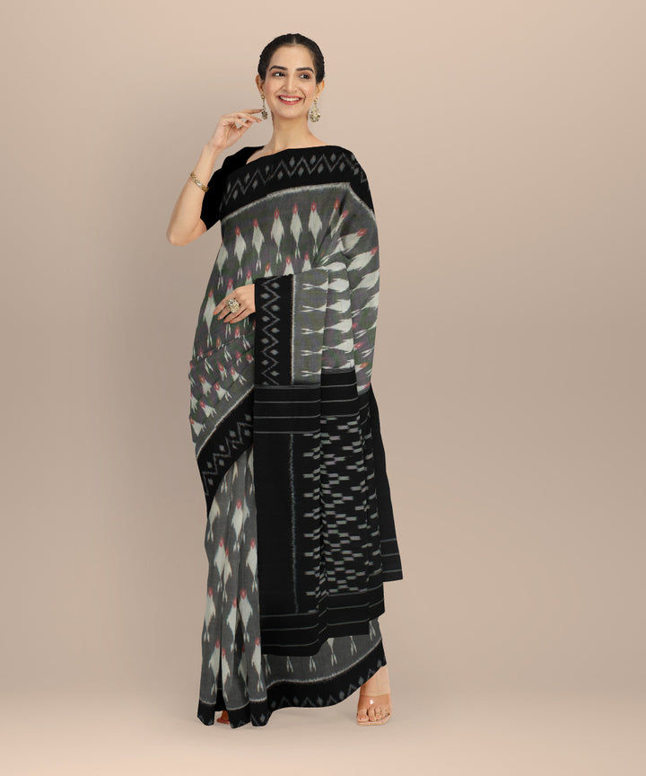 Grey black handwoven pochampally ikat cotton saree