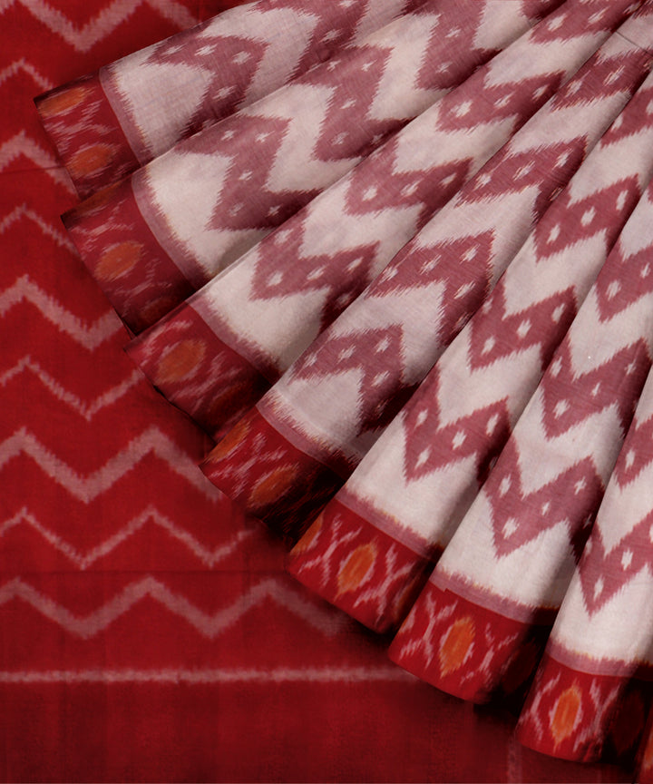 Offwhite red handloom pochampally ikat cotton saree