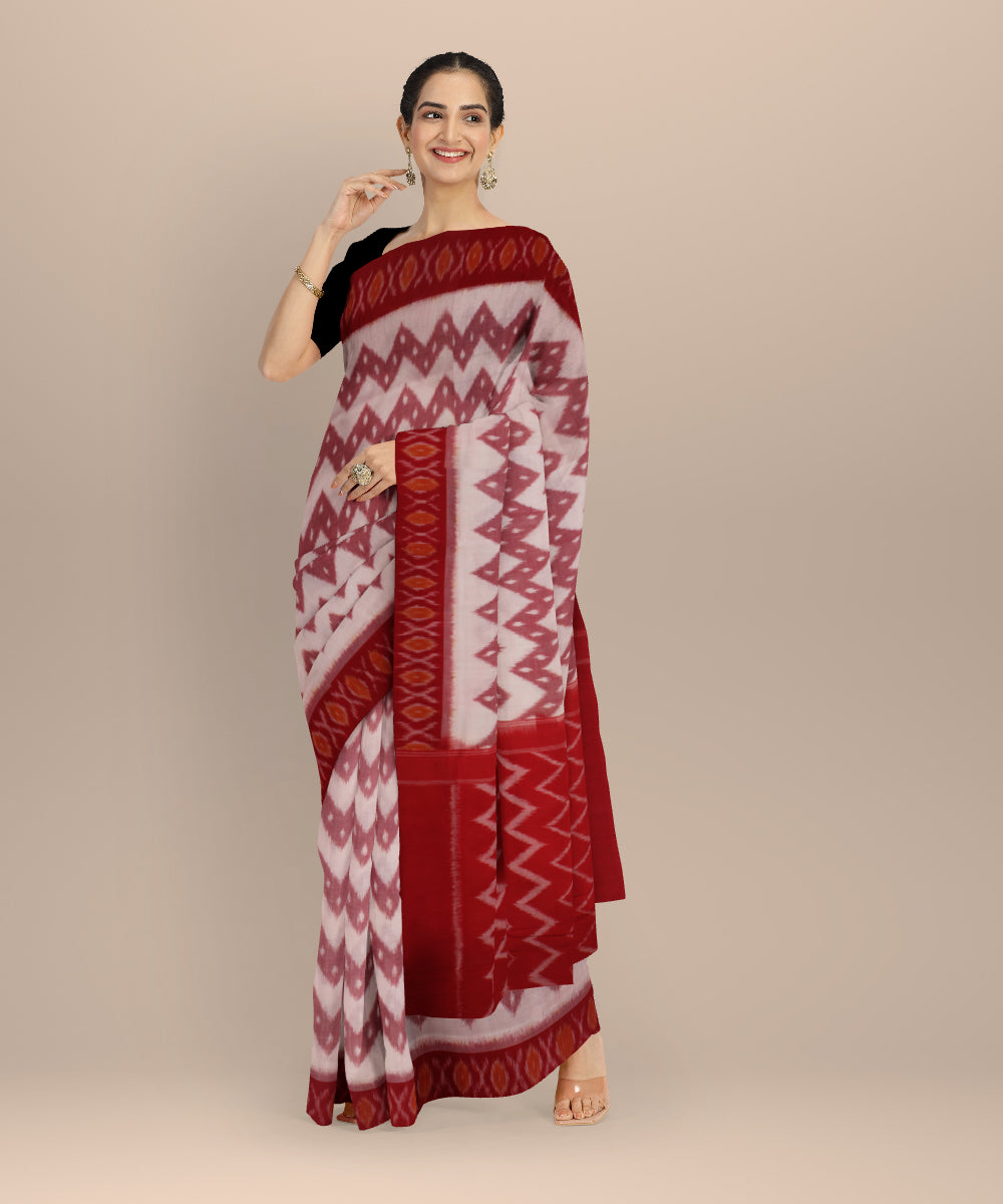 Offwhite red handloom pochampally ikat cotton saree