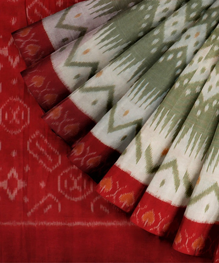 White olive red cotton handloom pochampally ikat cotton saree