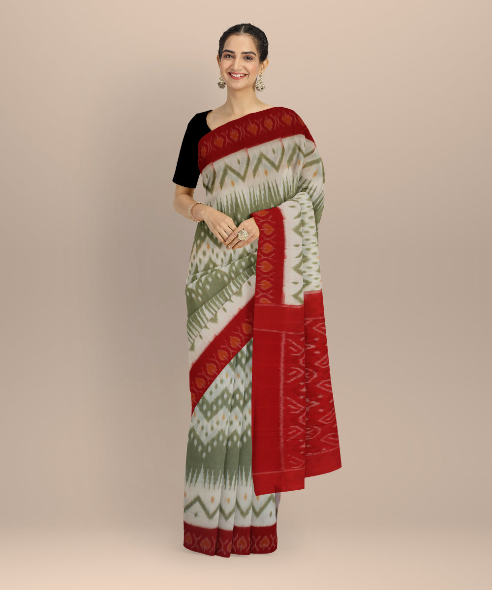 White olive red cotton handloom pochampally ikat cotton saree