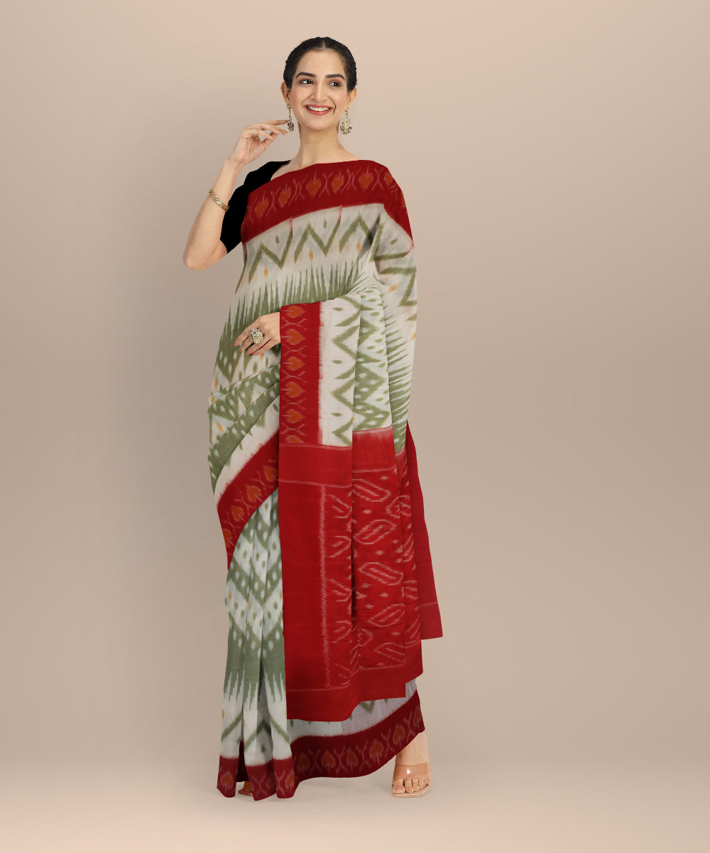 White olive red cotton handloom pochampally ikat cotton saree