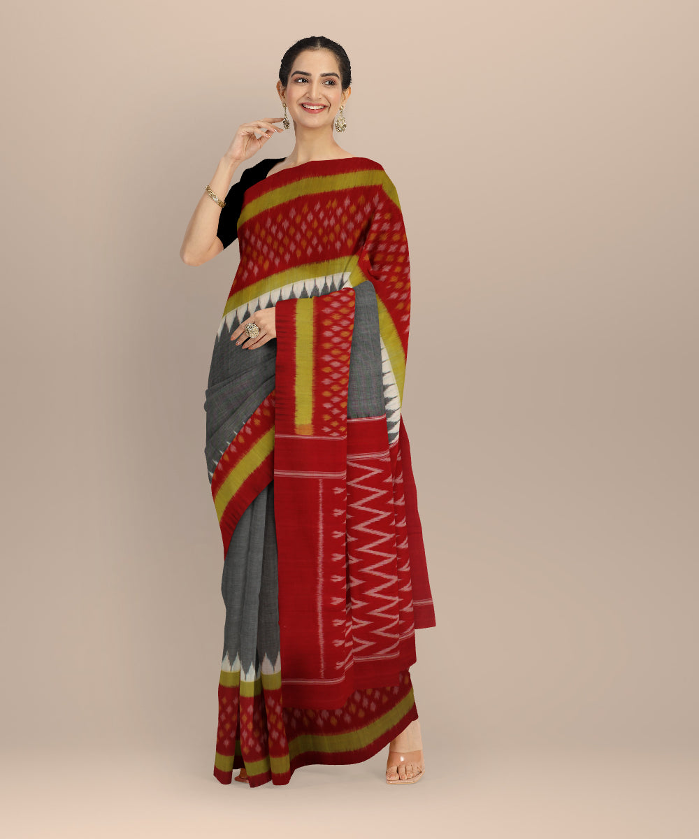 Grey maroon handloom pochampally ikat cotton saree