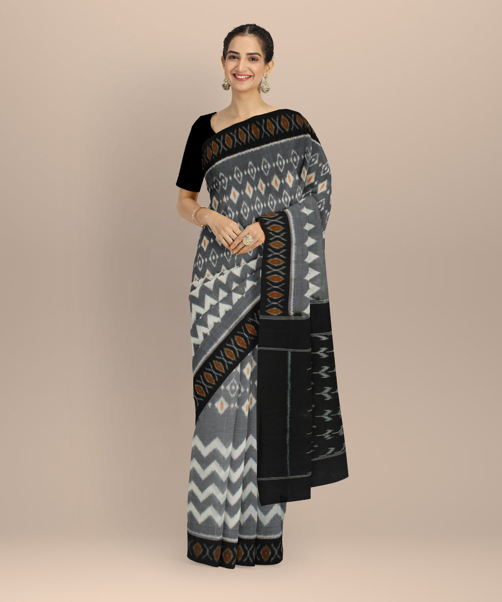 Grey black handloom pochampally ikat cotton saree