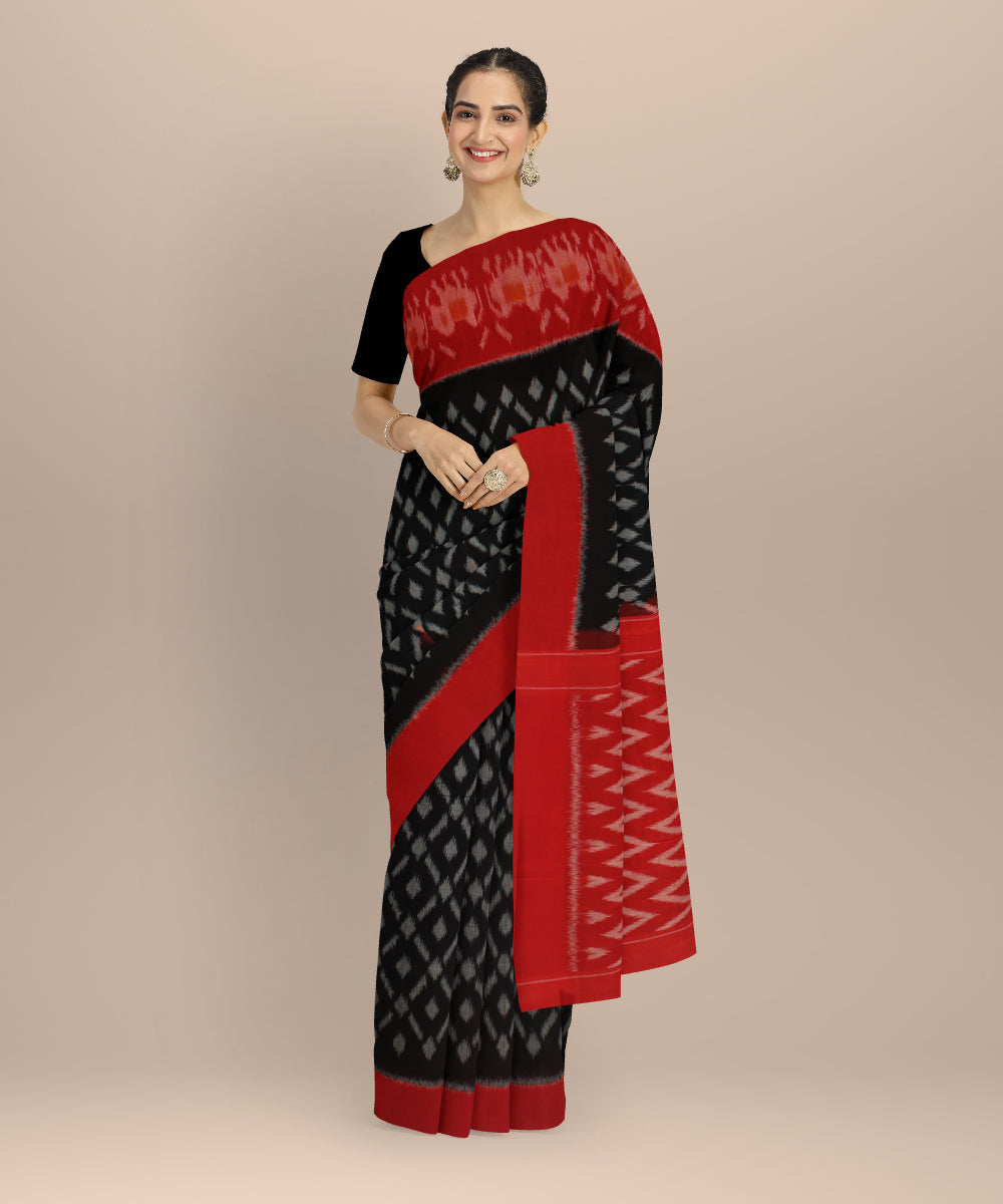 Black red handloom pochampally ikat cotton saree