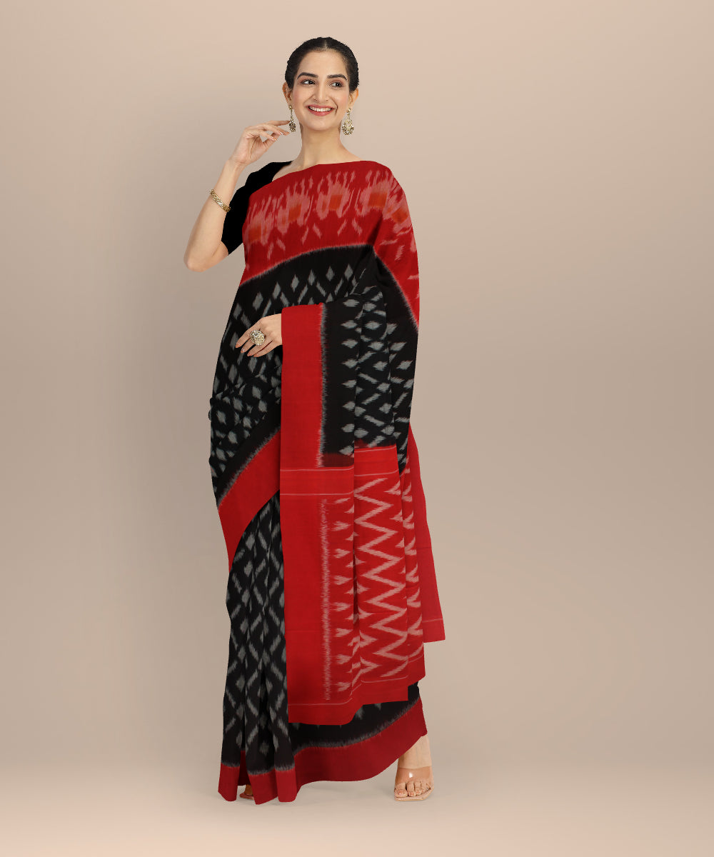 Black red handloom pochampally ikat cotton saree