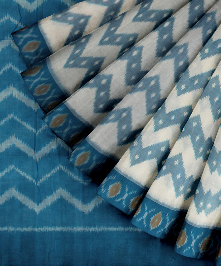 White tea blue handloom pochampally ikat cotton saree