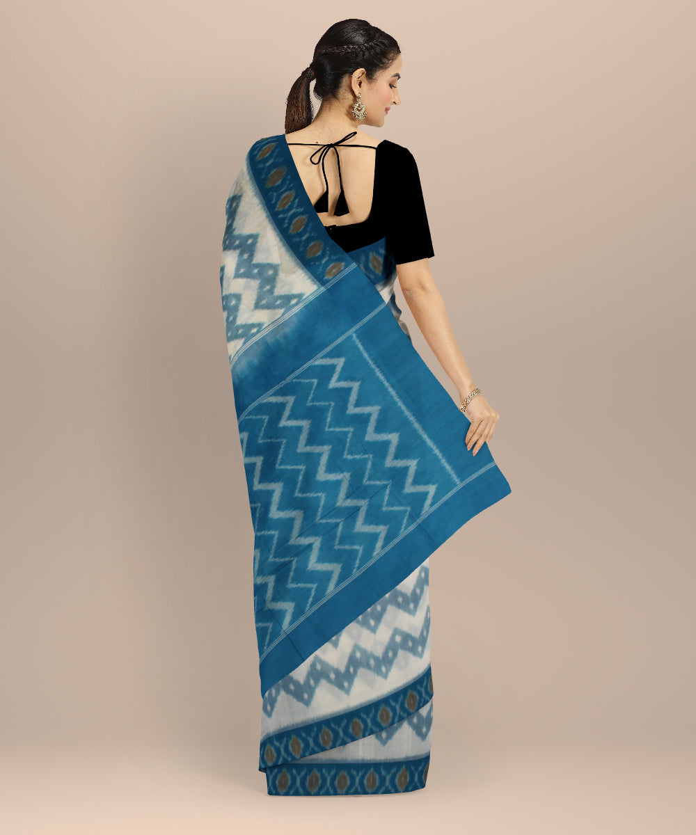 White tea blue handloom pochampally ikat cotton saree