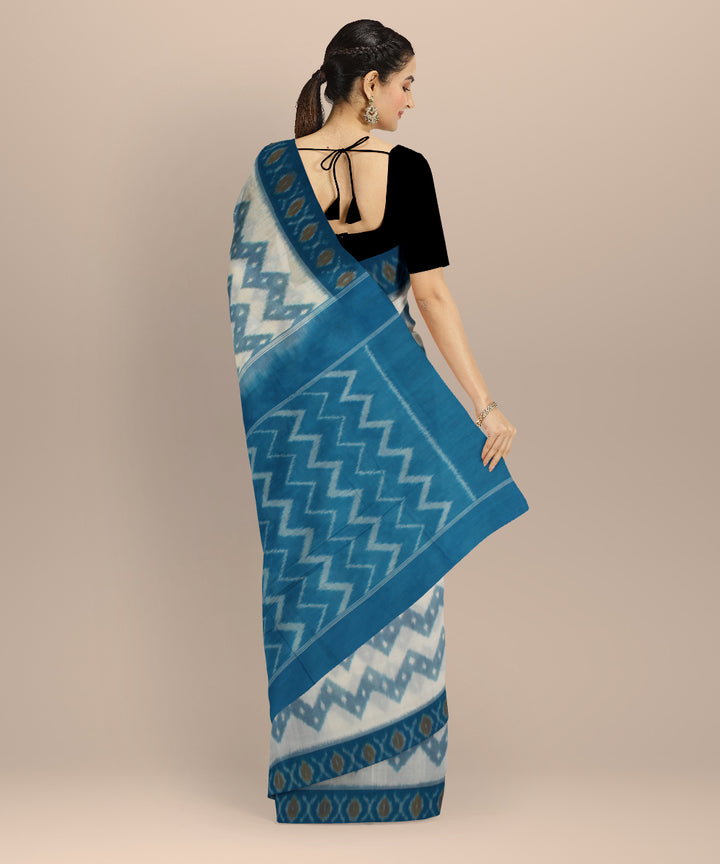 White tea blue handloom pochampally ikat cotton saree