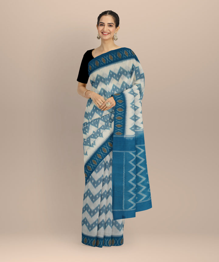 White tea blue handloom pochampally ikat cotton saree