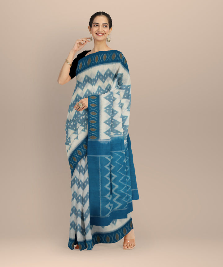 White tea blue handloom pochampally ikat cotton saree