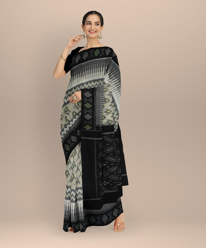 White black pochampally ikat cotton handloom saree