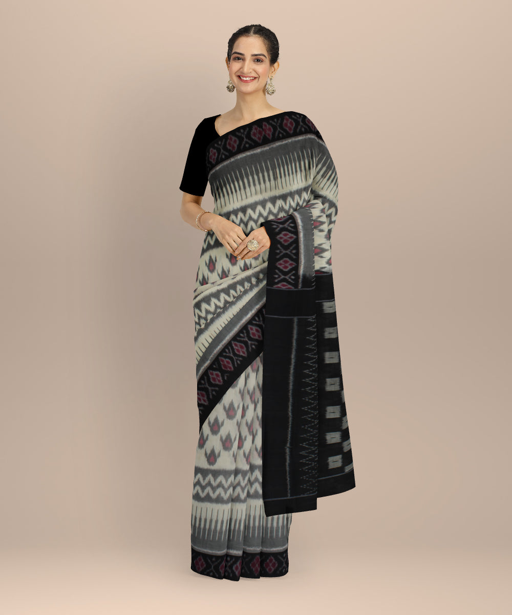White black handloom pochampally ikat cotton saree
