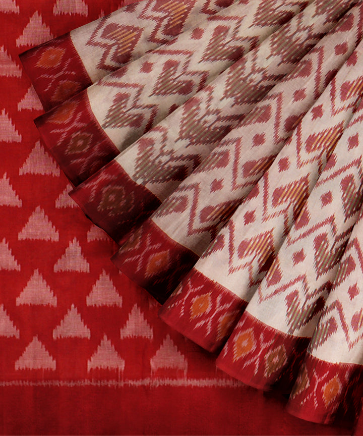 Beige red handloom pochampally ikat cotton saree