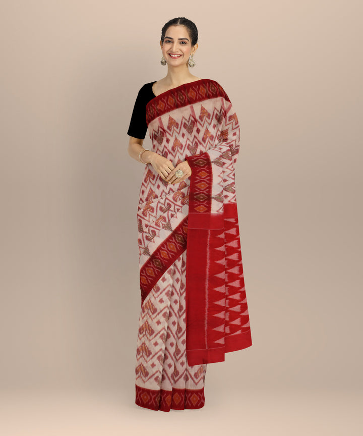 Beige red handloom pochampally ikat cotton saree