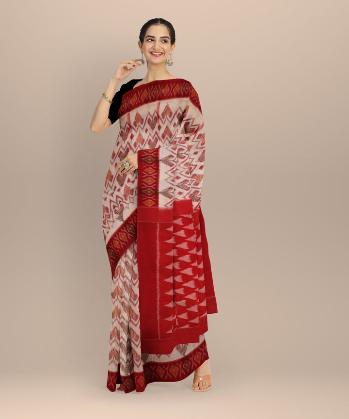 Beige red handloom pochampally ikat cotton saree