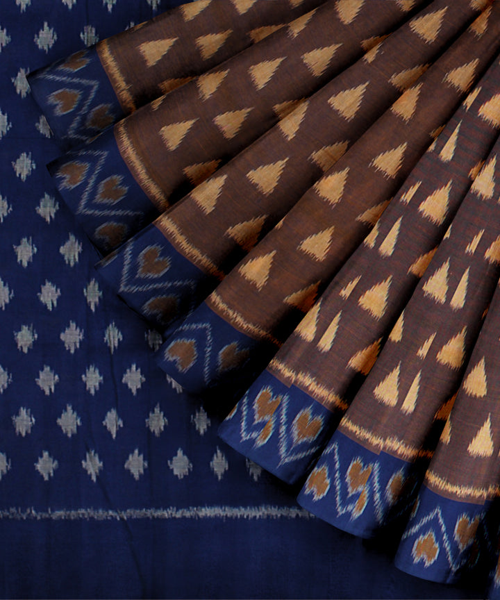 Brown navy blue handloom pochampally ikat cotton saree
