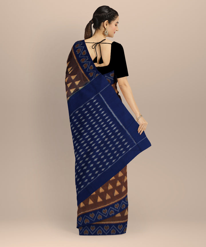 Brown navy blue handloom pochampally ikat cotton saree