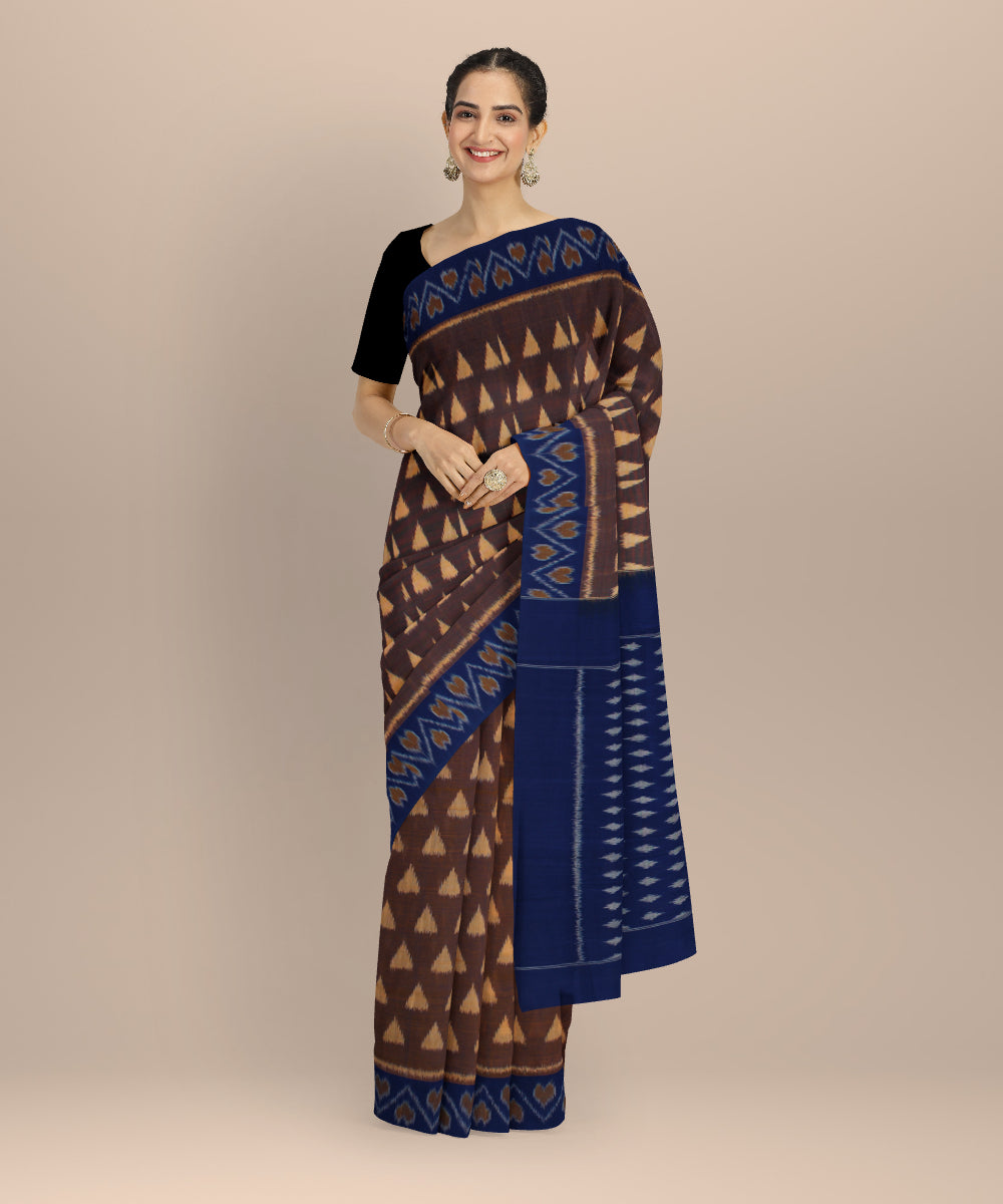 Brown navy blue handloom pochampally ikat cotton saree