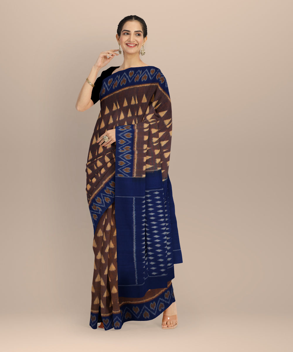 Brown navy blue handloom pochampally ikat cotton saree