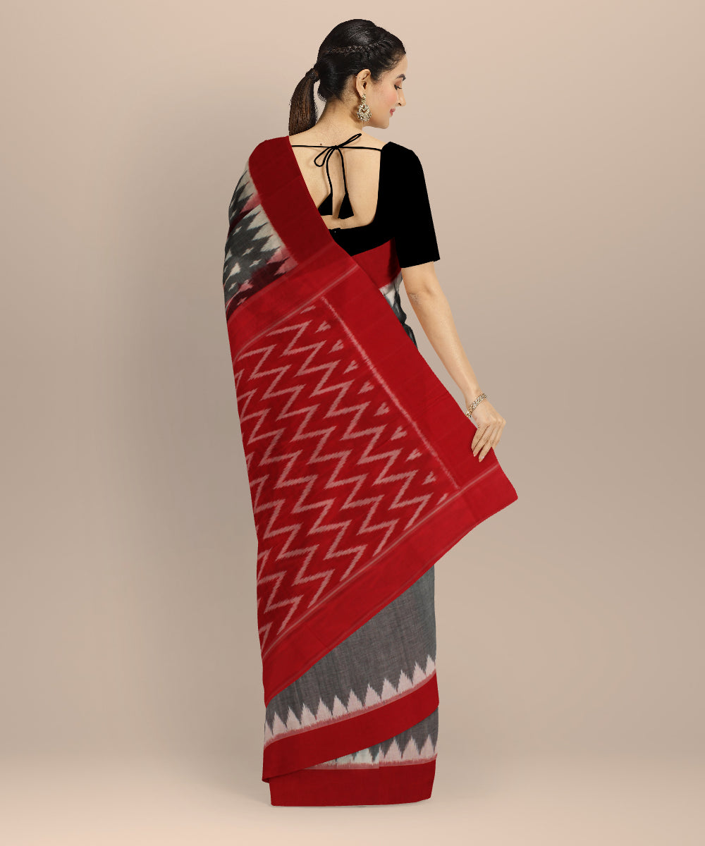 Grey red handloom pochampally ikat cotton saree