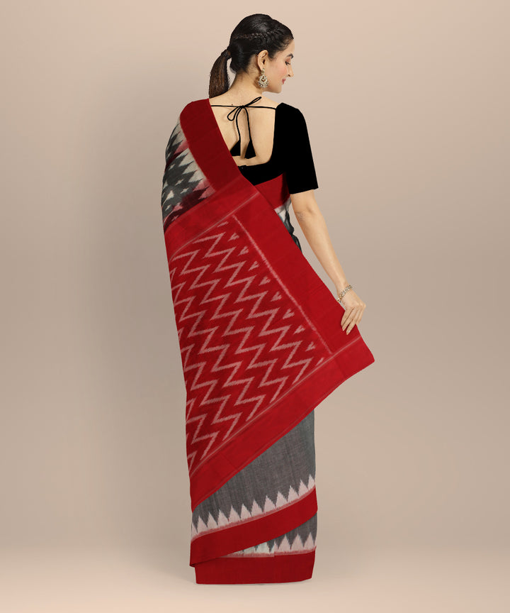 Grey red handloom pochampally ikat cotton saree